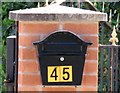 Number and letter box on gatepost for 45 Dalby Road