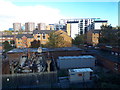 Railway power substation beside embankment at Lewisham