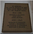 TG0043 : WW1 & 2 war memorial plaque, All Saint's Church, Morston by Ian S