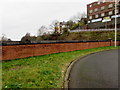 ST1599 : Wall at the southern edge of Bargoed bus station by Jaggery