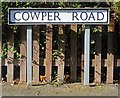 Cowper Road sign at junction with Rugby Road north side