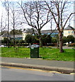 Telecoms cabinet and deciduous trees, Cambrian Place, Haverfordwest 