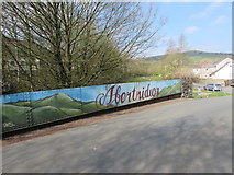 ST1289 : Abertridwr name painted on a former railway bridge by Jaggery
