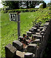 Public footpath direction sign at a stone wall near the A475, Lampeter