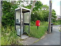 Elizabeth II postbox and telephone box on Hermitage Road, Saughall