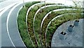 Looking down at the curved flowerbeds below The Tide