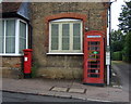 Elizabeth II postbox and telephone box on High Street, Watton at Stone