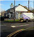 Openreach van hoist in use on a Pantyffordd corner