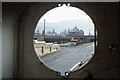 View through port hole of engine towards Blaenau Ffestiniog Station