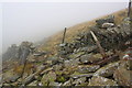 SD7575 : Misty view of Souther Scales Fell over ruined dry stone wall by Roger Templeman