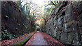 Wirral Way running through rock canyon, east of Neston