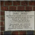 TQ1587 : Plaque recording the first motor accident by Vivien Hughes