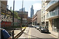 View of skyscrapers in Shoreditch from Calvin Street