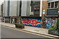 View of street art on the front of a block of flats on Redchurch Street