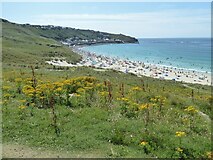 SW3526 : Looking down to Sennen Cove from the coast path on the dunes by Rod Allday