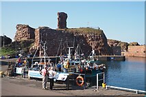 NT6779 : Fishing Boats moored by Dunbar Castle Ruins by Jennifer Petrie
