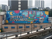 TQ3884 : View of a 1UP London Mural Festival mural on Gibbins Road from the high-level DLR platform of Stratford Station by Robert Lamb