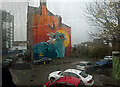 The Liver Bird mural on a wet day in Liverpool