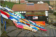 NZ8016 : Runswick Bay: Kayaks and Rescue Boat Station by Stephen McKay