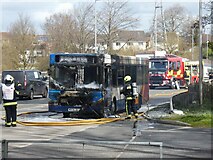 SX9489 : Burnt-out bus on Bridge Road, Exeter by David Smith