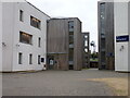 Railway signals seen between halls of residence 