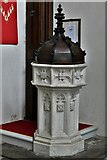 TF8709 : Necton, All Saints Church: The font made of Portland Stone in 1788 by Michael Garlick