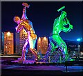 NS3274 : Shipbuilders of Port Glasgow sculpture at night by Thomas Nugent