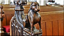 TM0458 : Stowmarket, St. Peter and St. Mary's Church: Early c15th lion bench end 2 (alternative view) by Michael Garlick