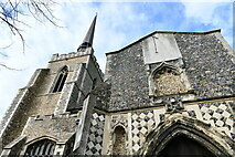 TM0458 : Stowmarket, St. Peter and St. Mary's Church: Tower, spire and south porch by Michael Garlick