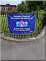 ST3091 : Welsh / English banner on school railings, Whittle Drive, Malpas, Newport by Jaggery
