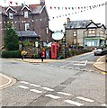 Bunting over crossroads in the centre of Talgarth, Powys