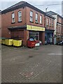 Yellow wheelie bins, Market Street, Pontypool