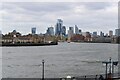 View of the Walkie Talkie, Scalpel, Cheese Grater and Gherkin from the riverside near Westferry Circus