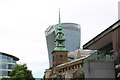 View of the spire of Allhallows-by-the-Tower church and the Walkie Talkie from Gloucester Court