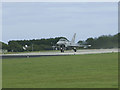 A Eurofighter Typhoon awaits take-off clearance at the end of  runway 30, RNAS Culdrose.