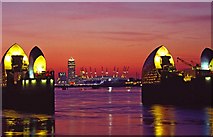 TQ4179 : Thames Barrier at Dusk with Canary Wharf and Millennium Dome by Christine Matthews