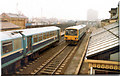 Trains passing at Monkwearmouth Station Museum, 6th April 1987