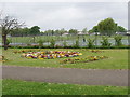 Tennis courts and flower bed, North Acton playing field