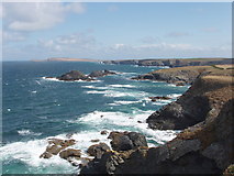 SW8471 : Coast outside Porth Mear, with Trescore Islands by David Hawgood