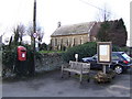 Littleworth church, post box, bench and notice board.