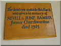 TL9211 : Memorial plaque to Nevill & June Bamber by William Metcalfe