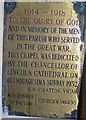 Brass Plaque for War Memorial Chapel;St Oswald Church