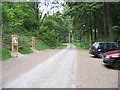 Car park and information boards in Cwm Rhaeadr forest