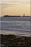 SZ3189 : Hurst Castle and lighthouse from Round Tower Point by Jim Champion