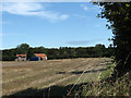 View across harvested field to house near Crossdale Street