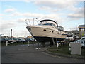 Boat on blocks outside the Marine Superstore