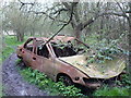 Burnt out wrecked car on the footpath opposite Cellar Hill