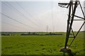 Double line of pylons near woodland named The Rough