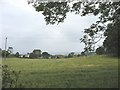 View across a harvested hay field towards houses on the A 5025